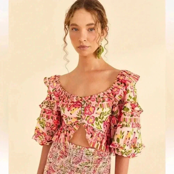 NWT Farm Rio Painted Bananas Puff Sleeve Top Blouse Pink XL - Picture 1 of 8